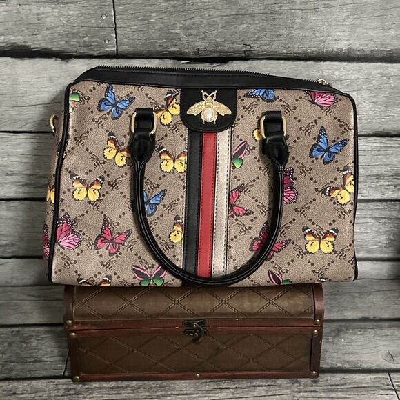 American Bee Butterflies & Bees Tote Beige Checkered Pattern & Black Trim - Picture 1 of 5